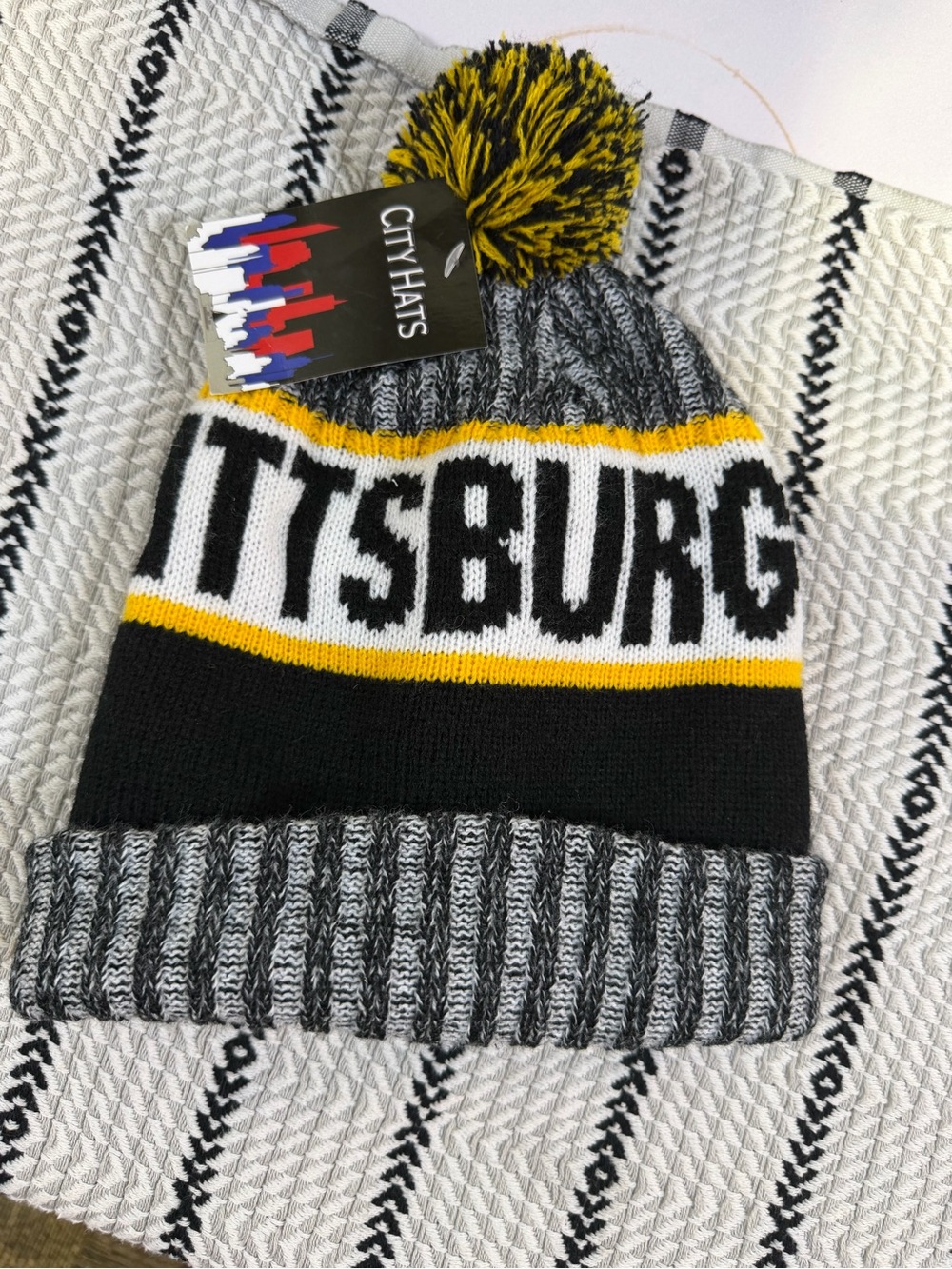 Pittsburgh Knit Pom Beanie in Black & Yellow
